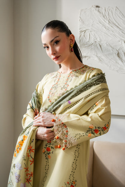 Embroidered khaddar winter suit with elegant organza details and colorful dupatta.