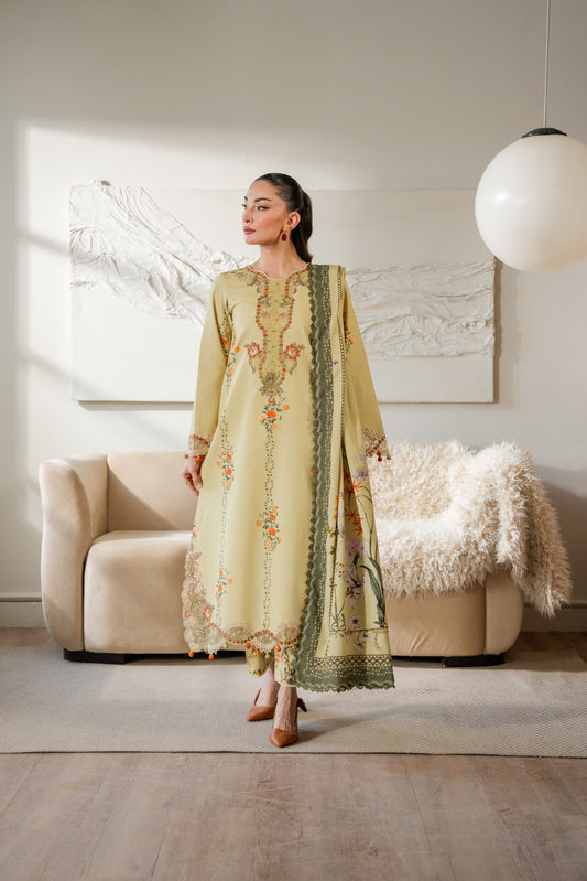 Cozy winter printed khaddar shirt with organza embroidery and matching dupatta.