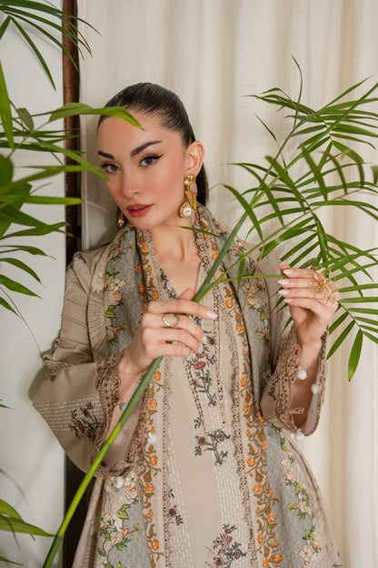 Modern winter khaddar dress with embroidered borders and dyed trousers.