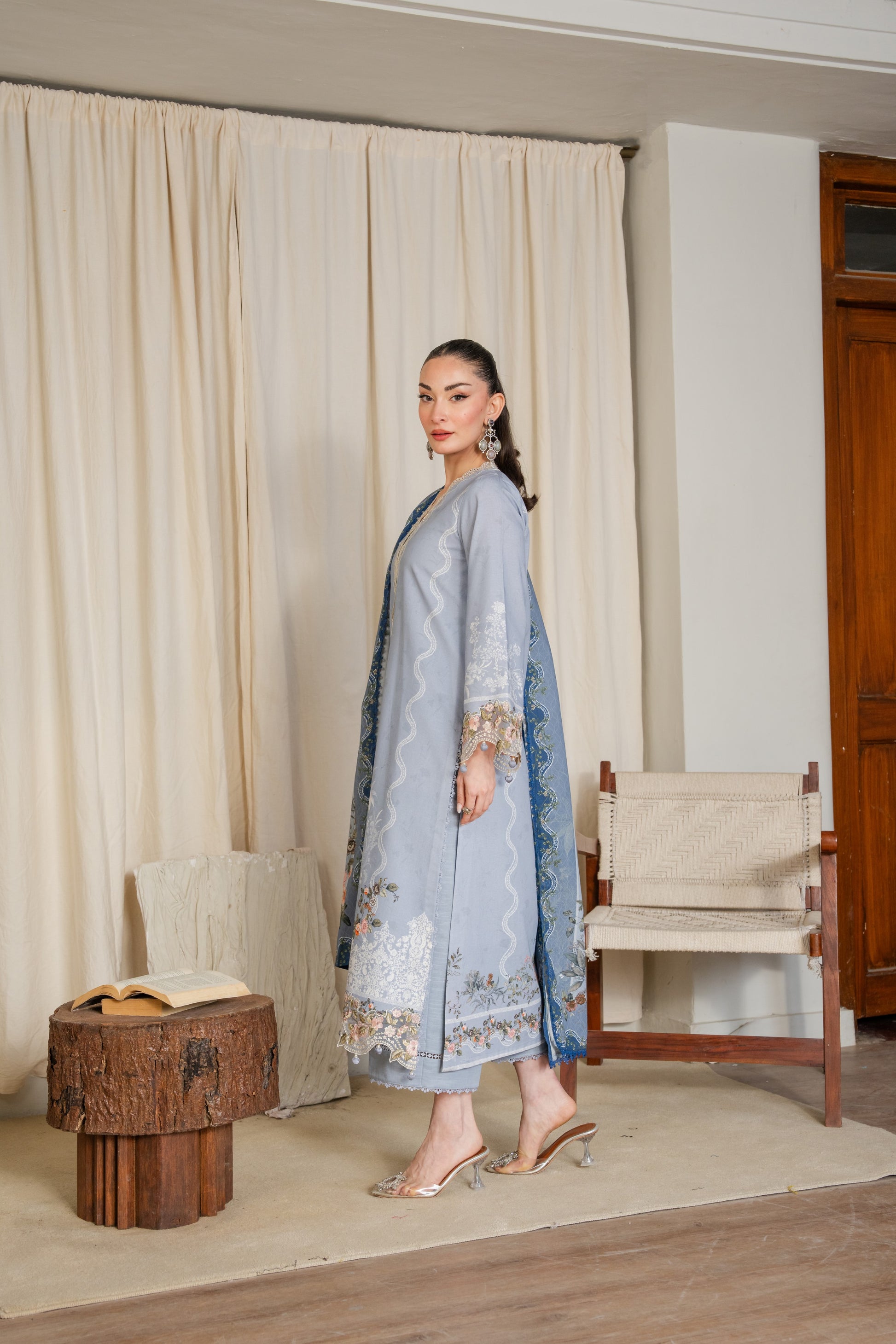 Cozy khaddar winter shirt with organza neckline and printed winter dupatta.