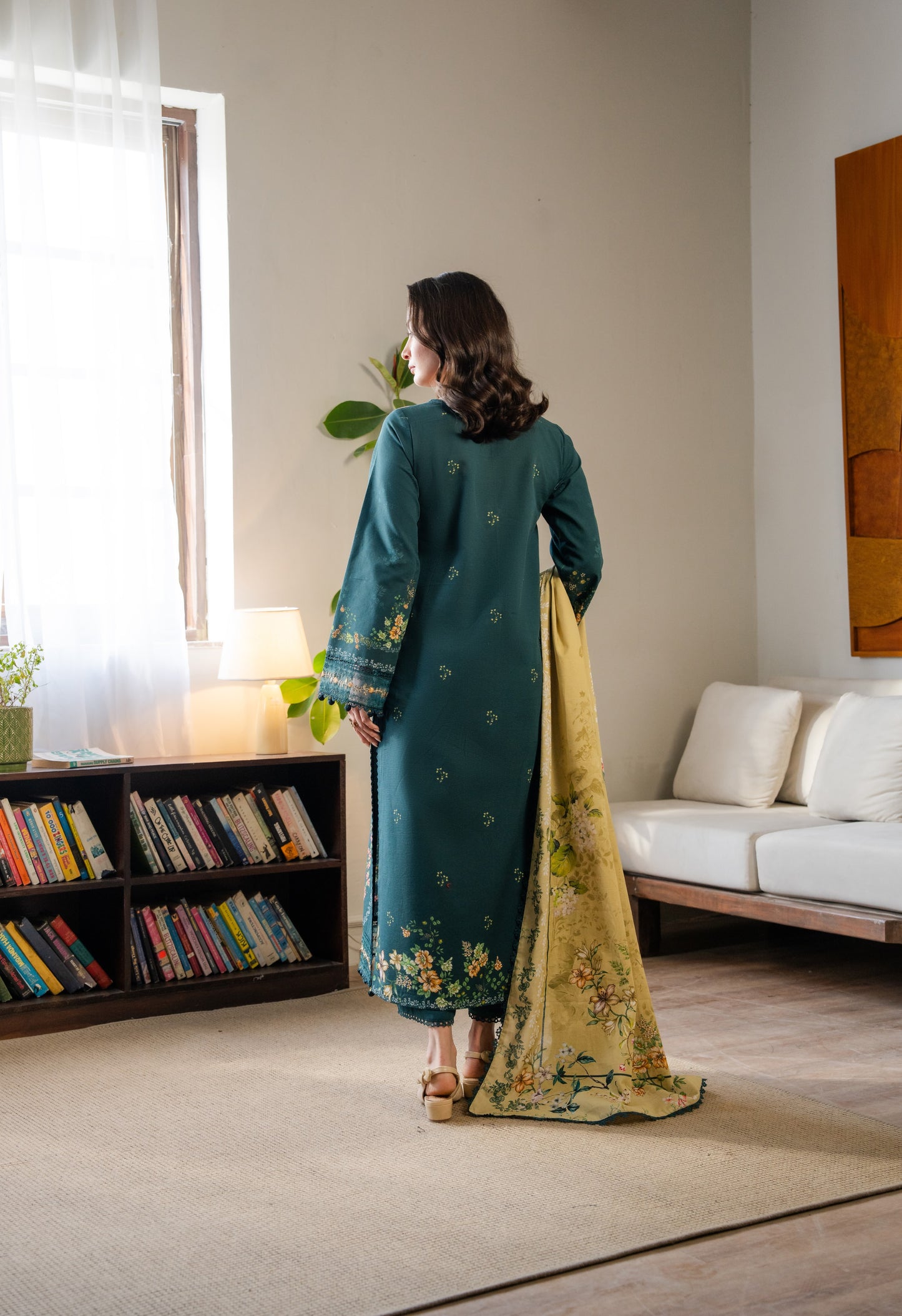 Comfortable khaddar outfit with organza neckline embroidery and stylish printed dupatta for cold weather.