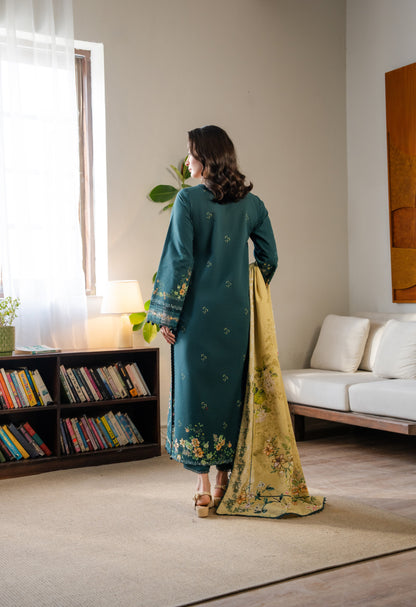 Comfortable khaddar outfit with organza neckline embroidery and stylish printed dupatta for cold weather.