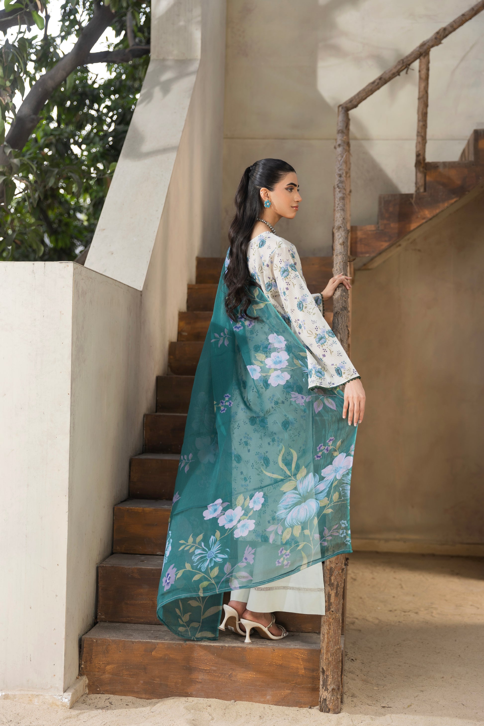 Embroidered lawn shirt, chiffon dupatta, and plain cotton trouser in unstitched form