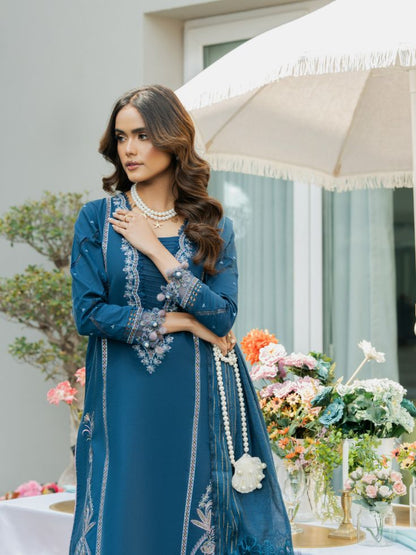 Embroidered summer outfit with motifs, organza patch, and cotton dupatta