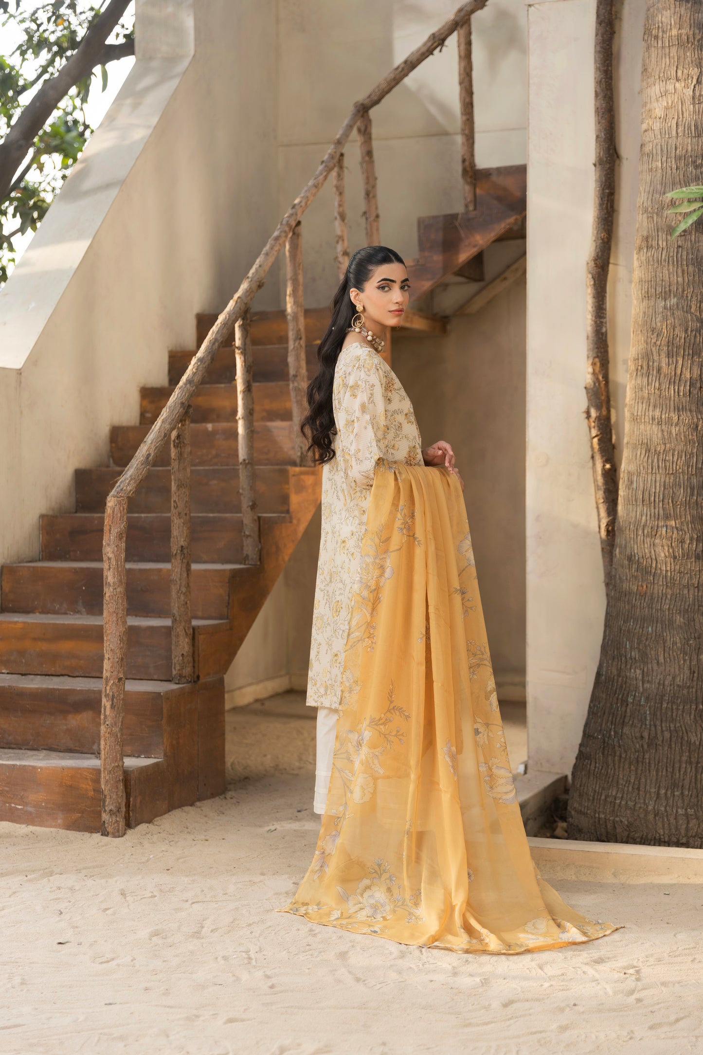 Self-check embroidered lawn shirt with chiffon dupatta and plain cotton trouser