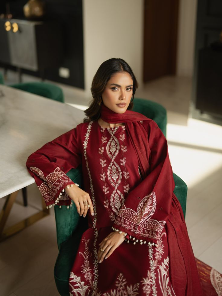 Embroidered summer outfit with motifs, patch, and cotton dupatta
