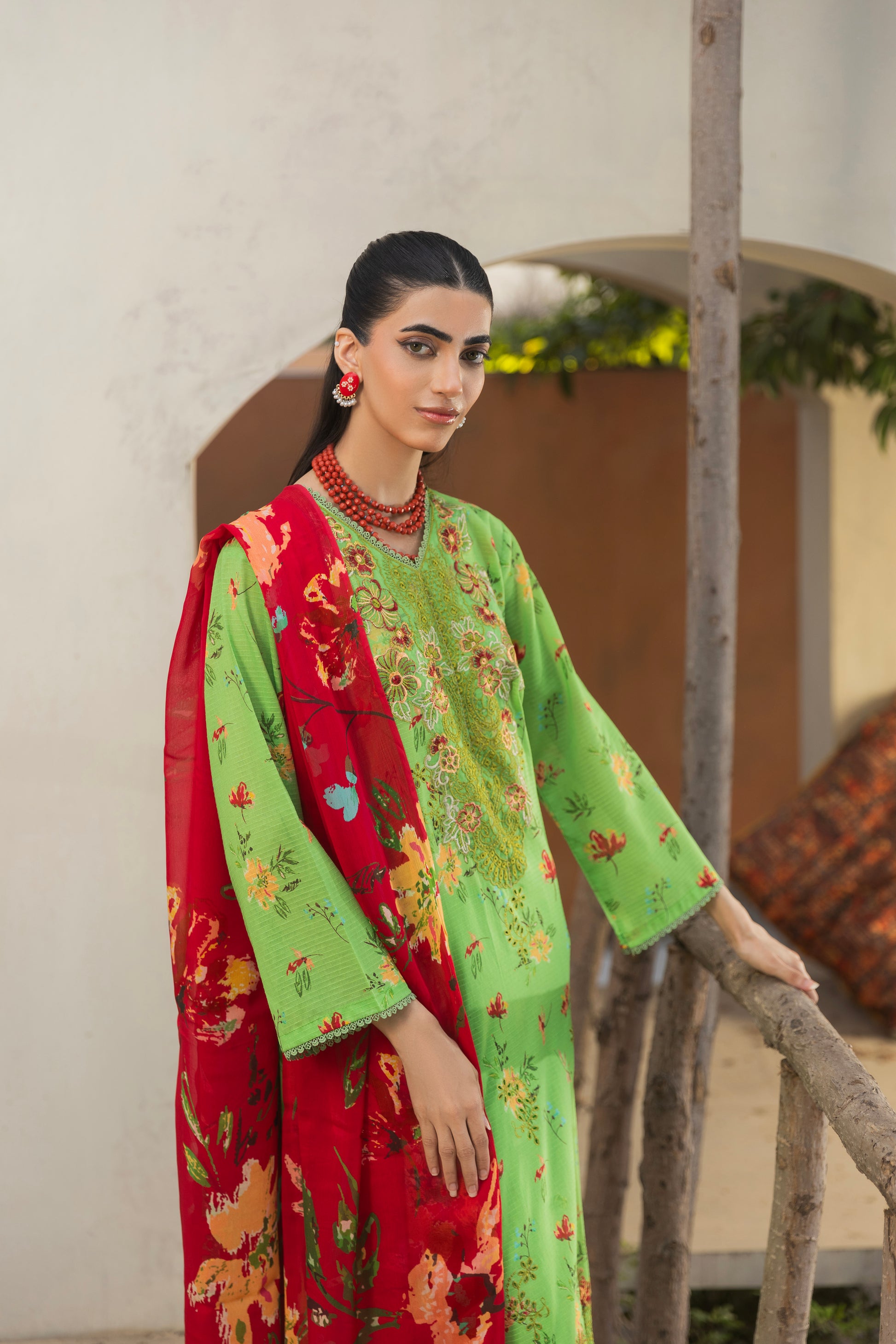 Embroidered front lawn shirt, chiffon dupatta, and cotton trouser for formal occasions