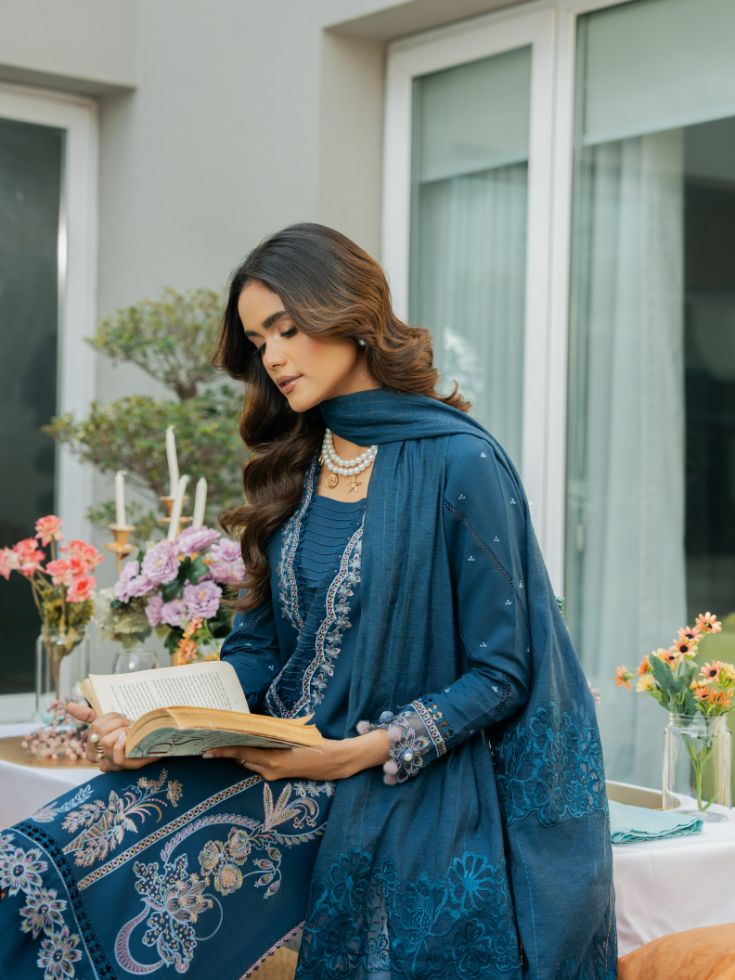 Embroidered suit with motifs, plain trouser, and cotton embroidered dupatta