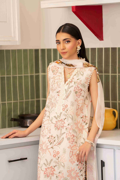  Soft embroidered lawn shirt with printed chiffon dupatta and plain cotton trouser fabric