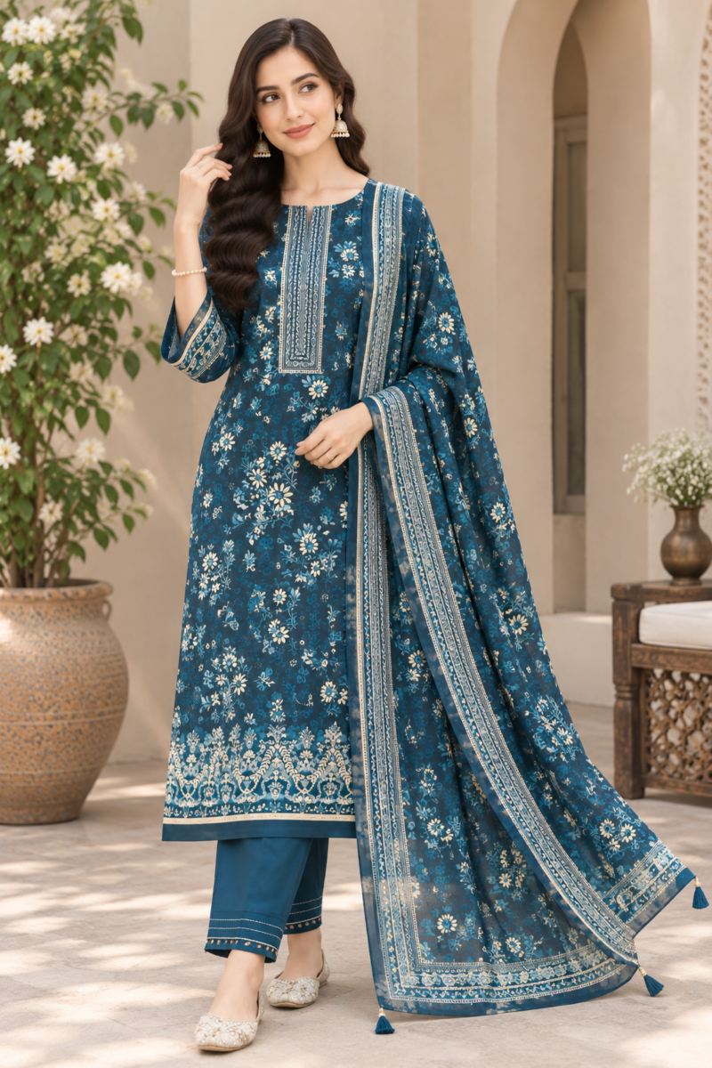 Linen dress for family outings featuring a floral shirt and elegant bordered dupatta
