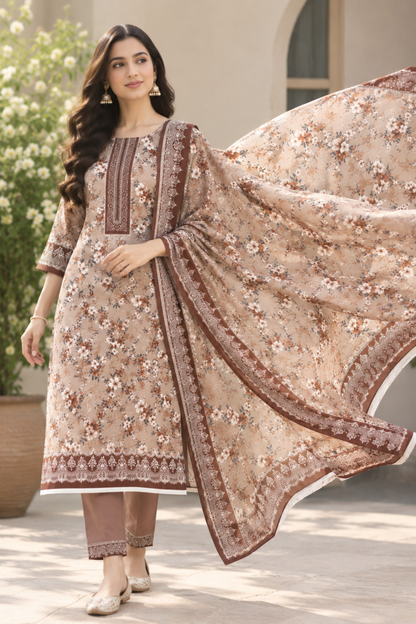 Linen dress for small celebrations featuring floral print and an elegant border dupatta