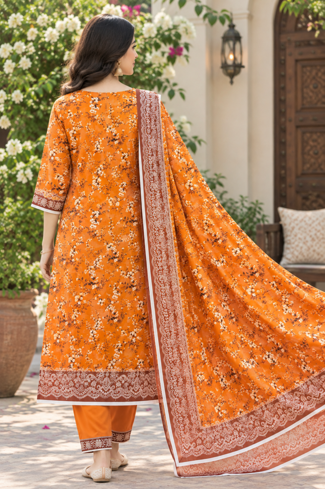Linen dress featuring a soft floral shirt print and a refined border dupatta