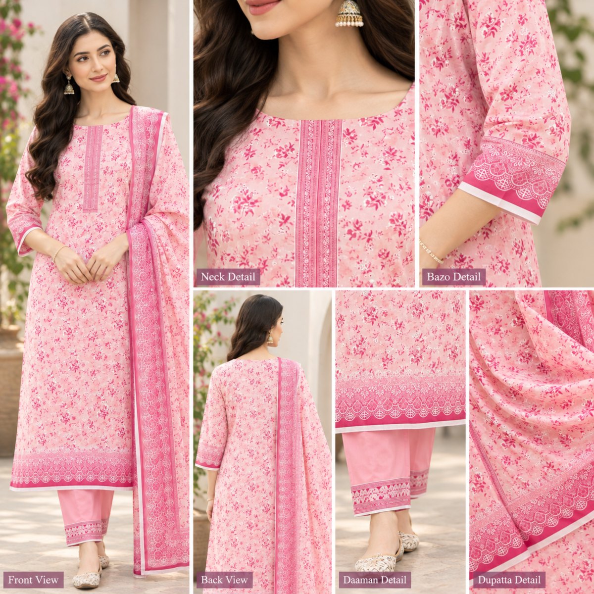 Linen dress with a floral printed shirt complemented by a decorative dupatta border