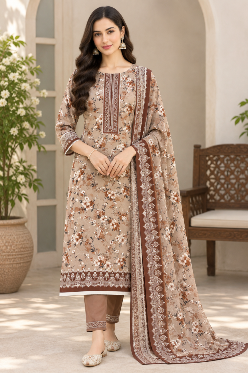 Linen floral suit designed for everyday style with a bordered dupatta and plain trousers