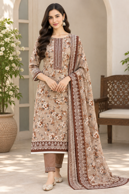 Linen floral suit designed for everyday style with a bordered dupatta and plain trousers