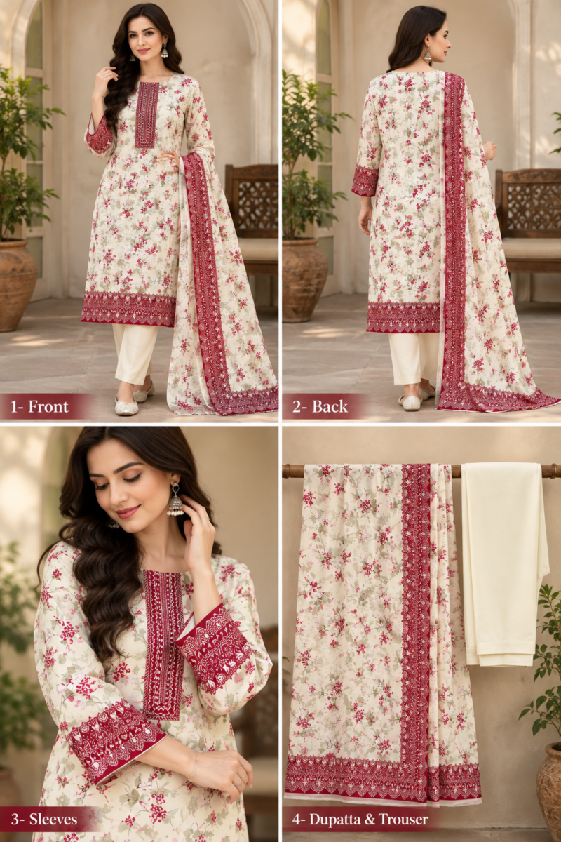 Linen outfit for everyday gatherings with a floral shirt and polished border dupatta