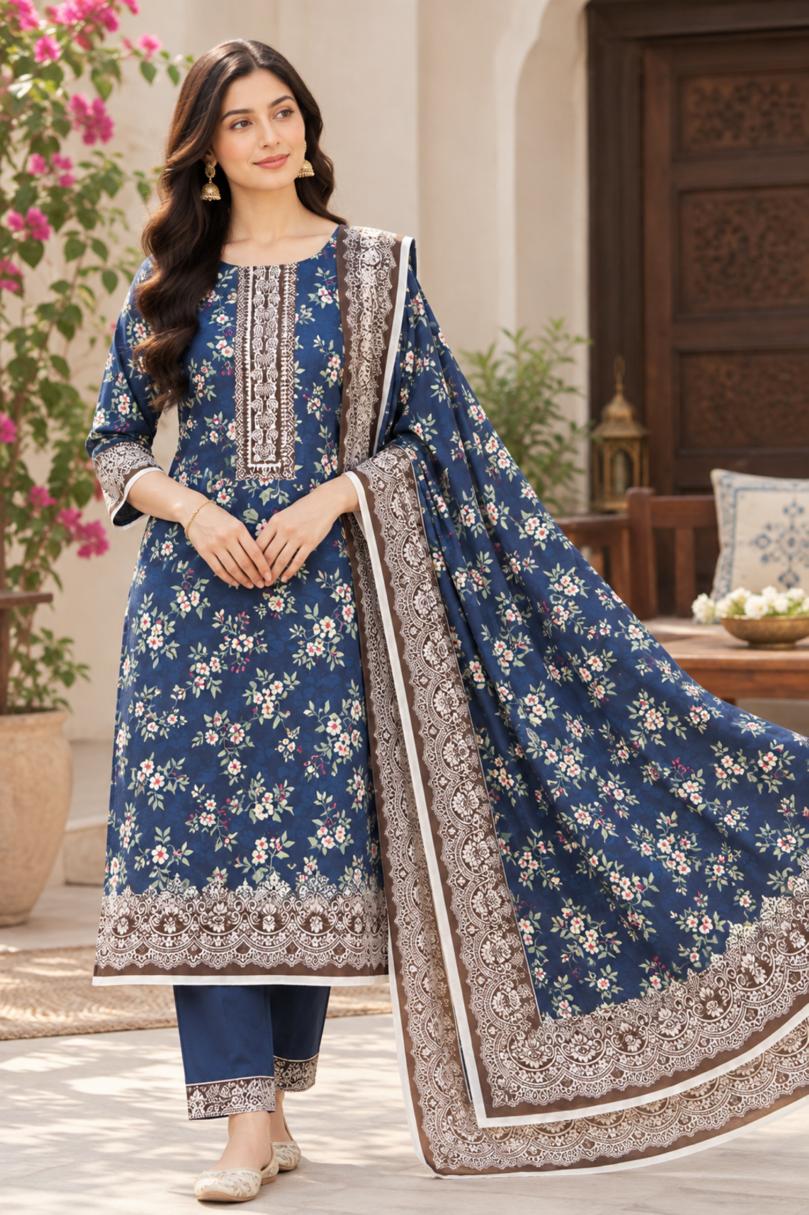 Lovely linen outfit suitable for gatherings with a floral shirt and balanced trouser design