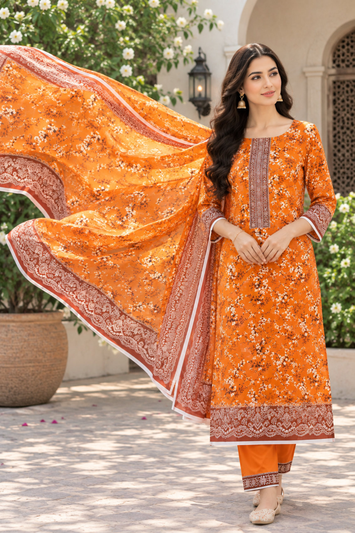 Linen suit for family gatherings featuring floral artwork and a stylish bordered dupatta