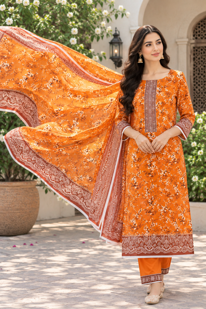Linen suit for family gatherings featuring floral artwork and a stylish bordered dupatta
