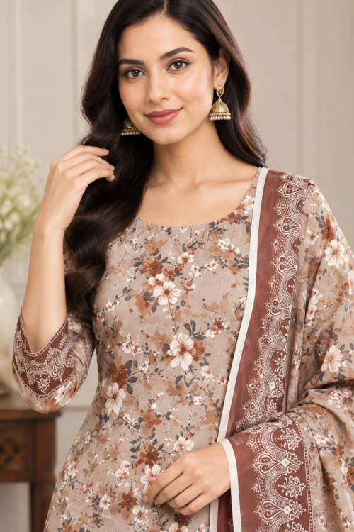 Stylish linen outfit with a floral shirt, decorative border dupatta and solid trousers
