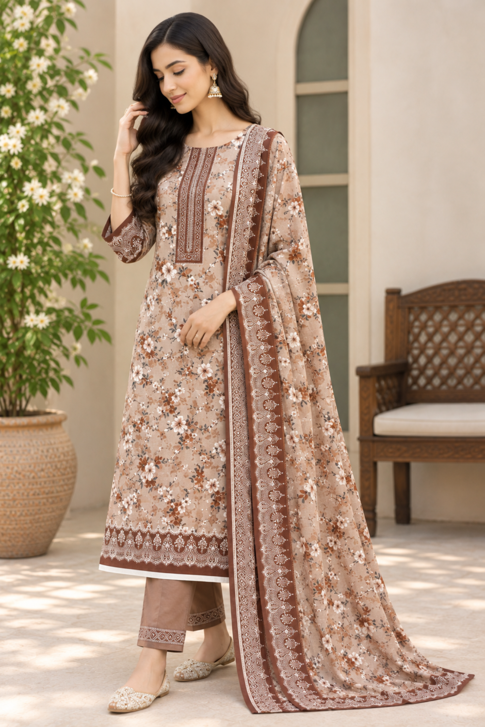 Linen suit featuring a floral shirt and a dupatta finished with a stylish border