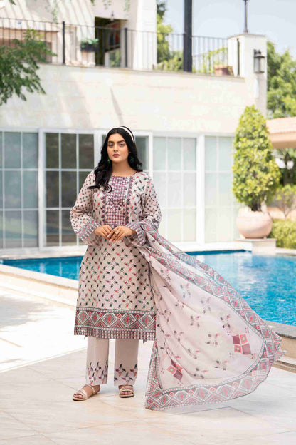 Premium embroidered neckline kurta paired with chiffon dupatta and pure cotton trouser