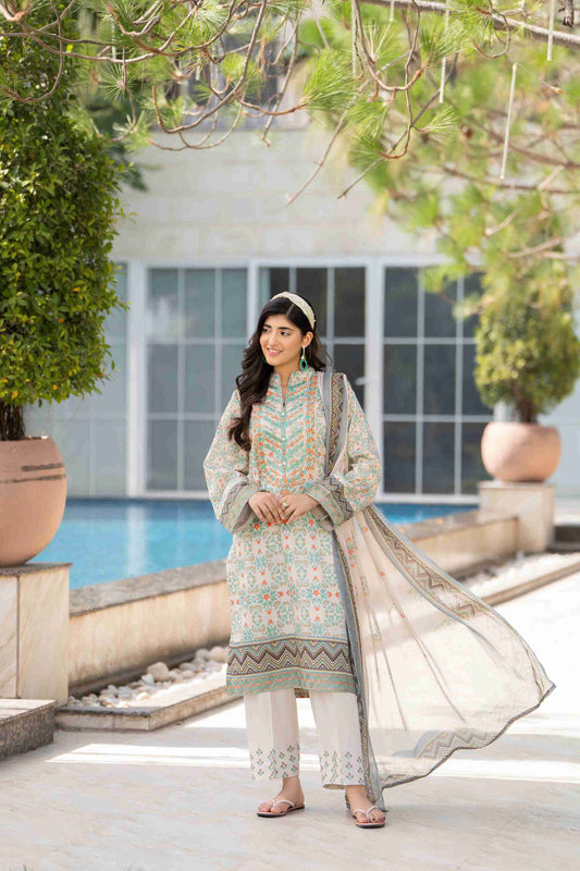 Unique lawn outfit featuring embroidered neckline, airy chiffon dupatta, and modern cotton trouser