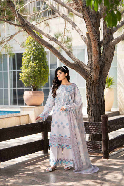 Branded lawn kurta with embroidered neckline, chiffon dupatta, and breathable cotton trouser