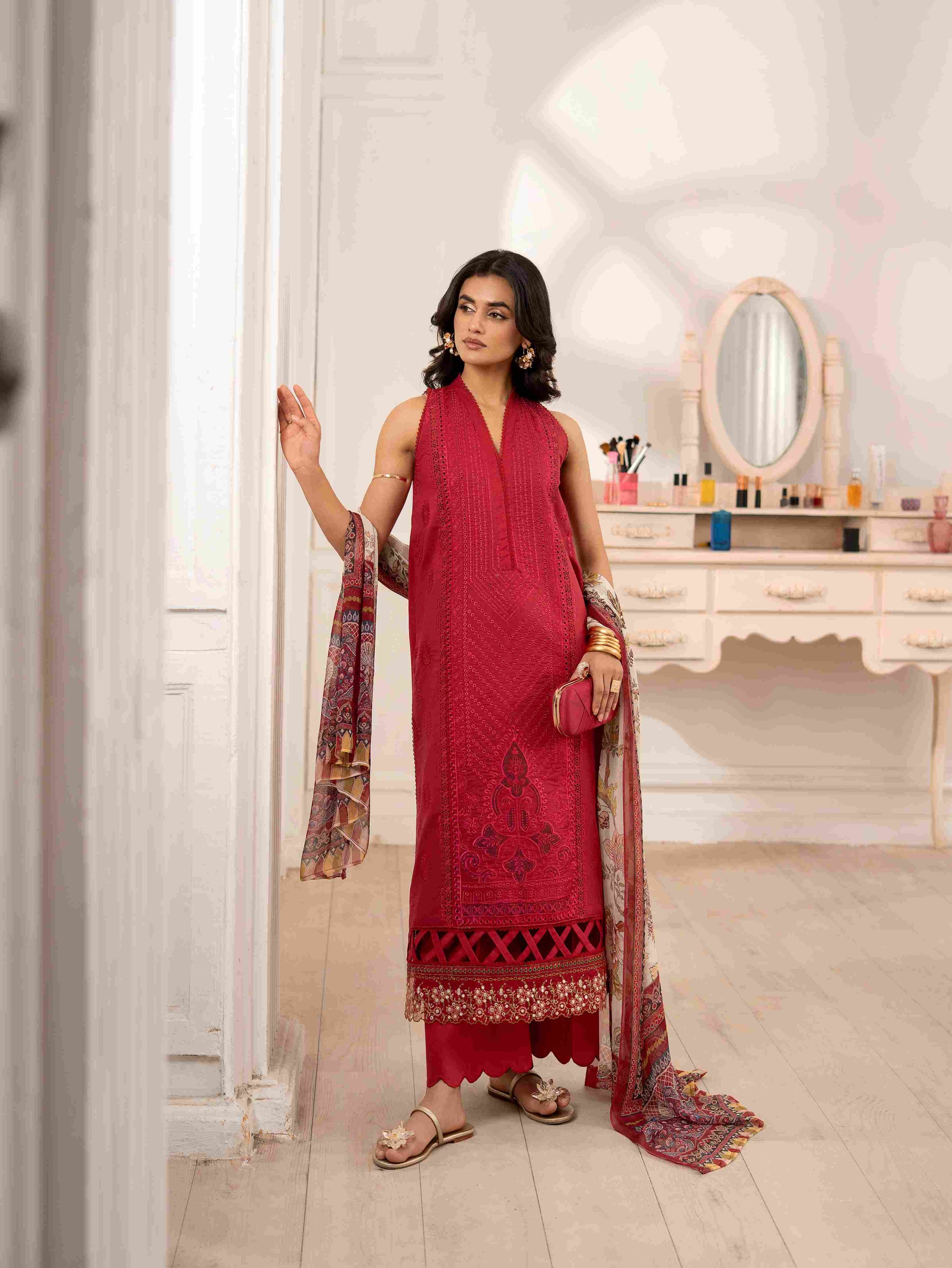 Embroidered lawn shirt with chiffon dupatta and cotton trouser