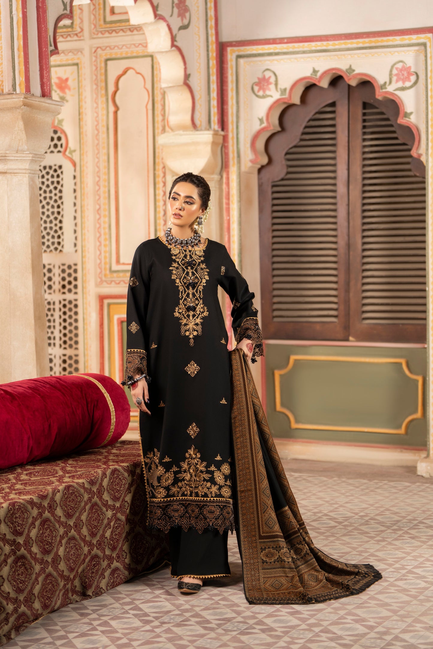 Premium unstitched embroidered Dhanak outfit with a jacquard winter shawl and coordinating plain trouser.