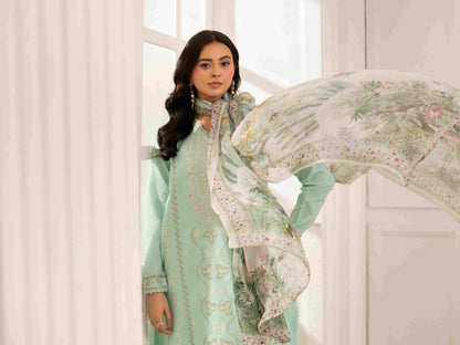 Luxury embroidered lawn outfit styled with chiffon dupatta and cotton trouser