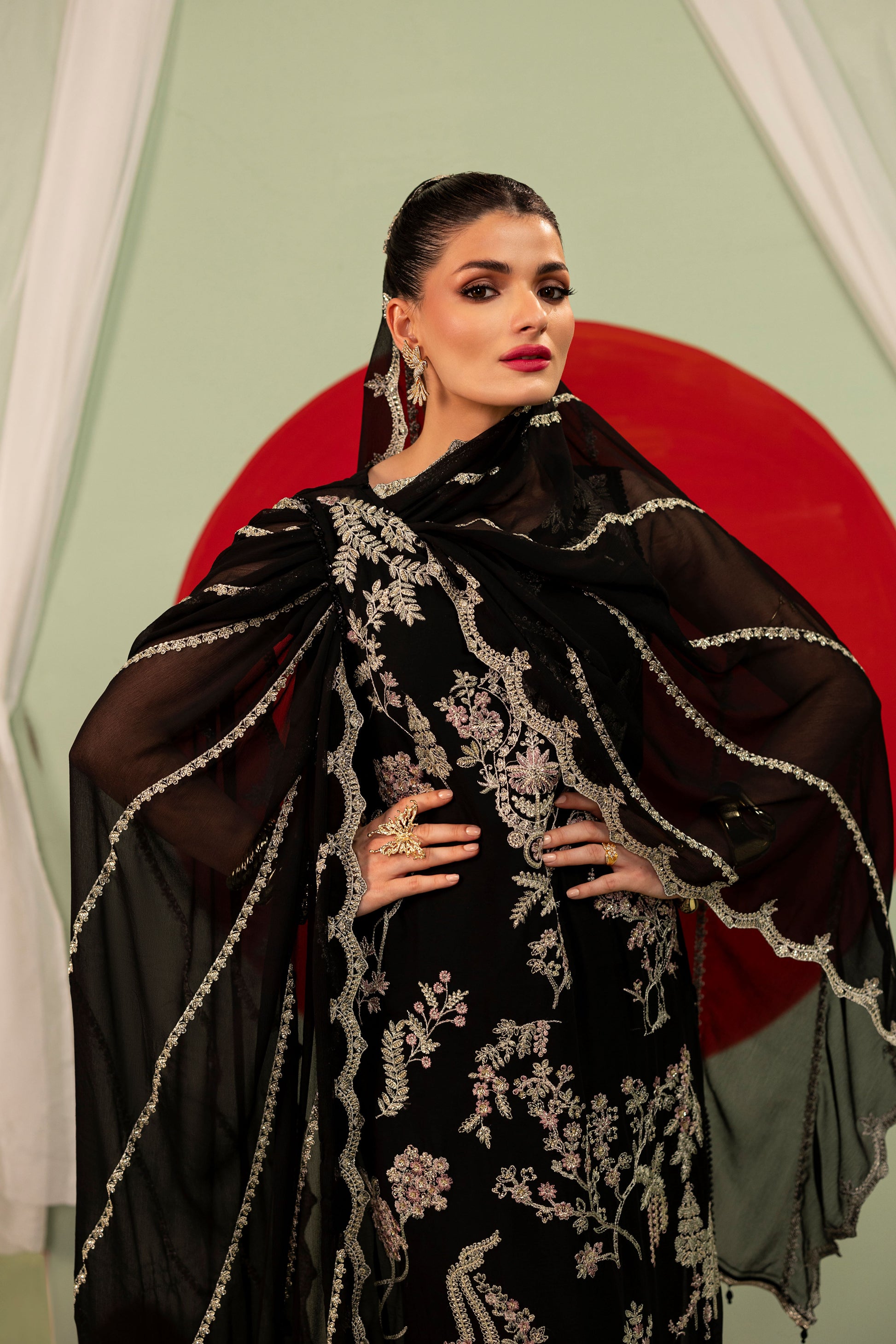 Embroidered chiffon formal suit paired with silk trousers