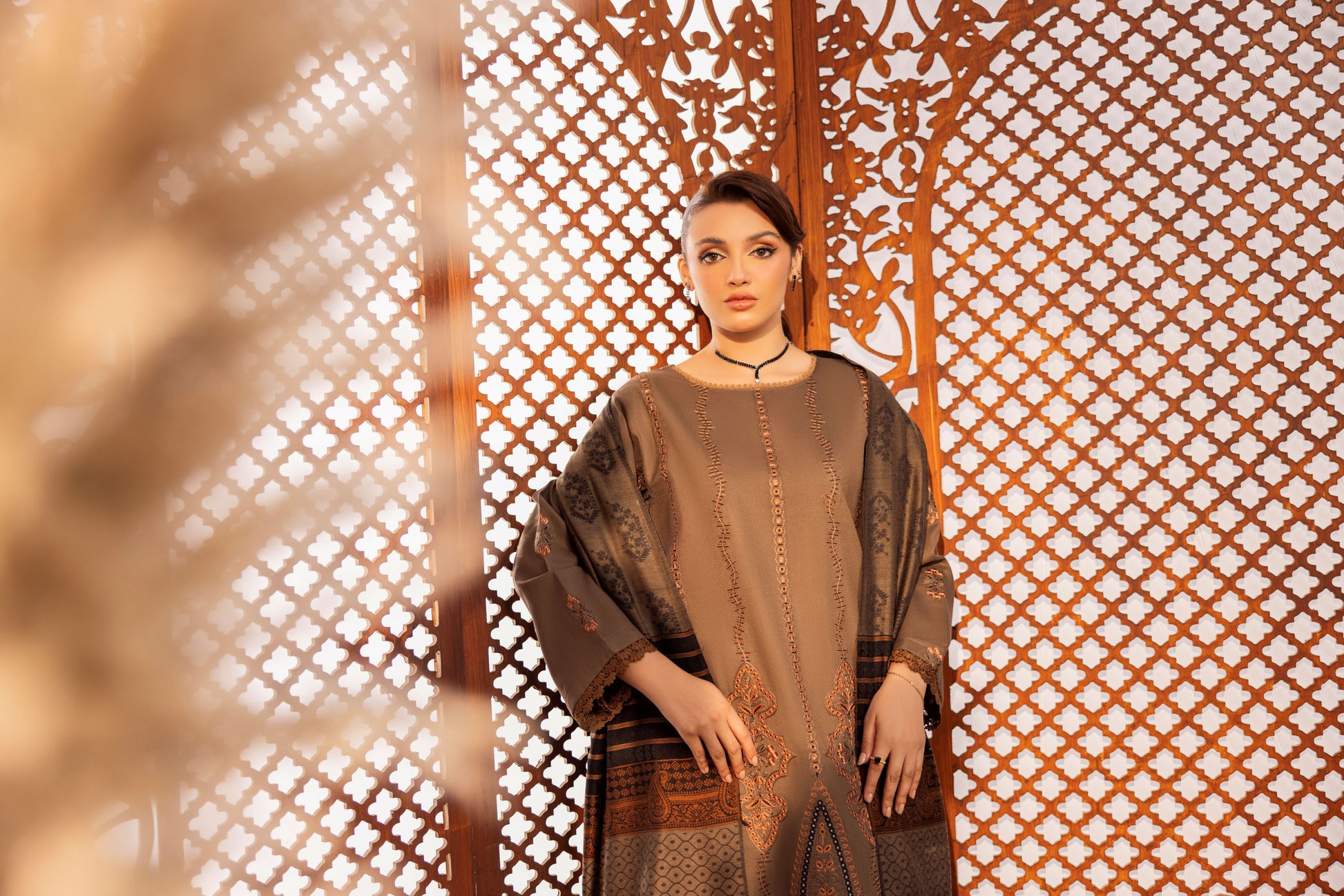 Hand-embroidered Dhanak ensemble perfect for festive gatherings