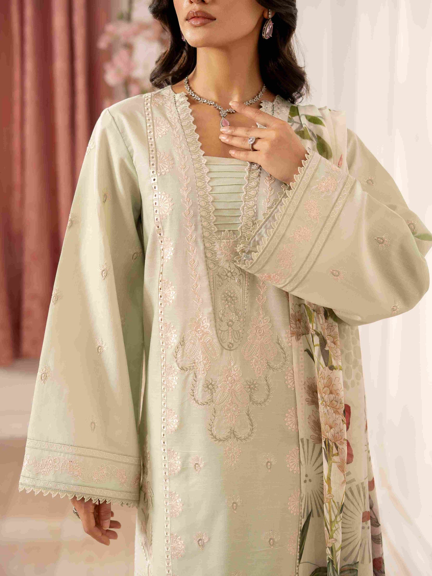 Luxury embroidered lawn shirt styled with cotton trouser and chiffon dupatta