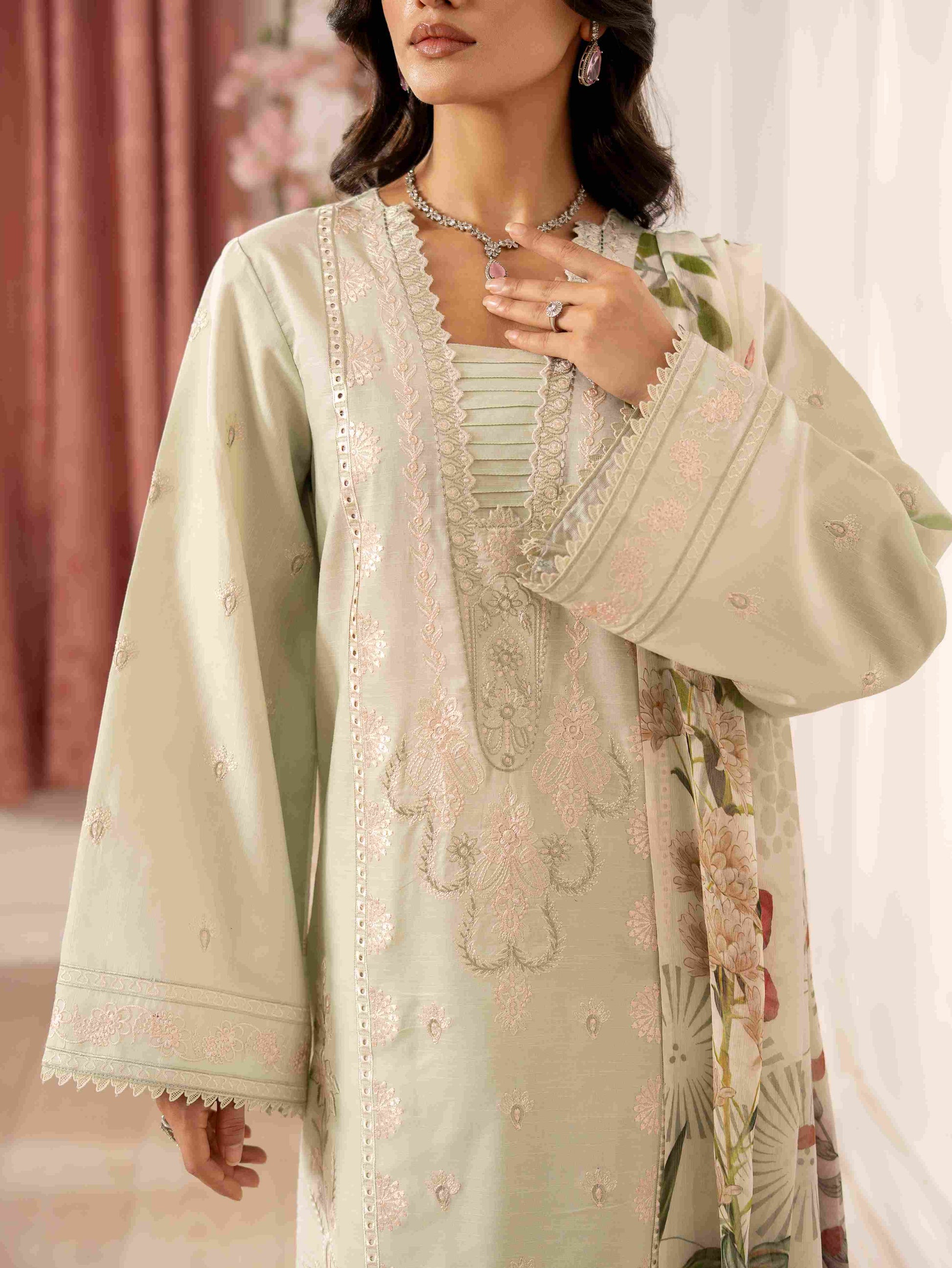 Luxury embroidered lawn shirt styled with cotton trouser and chiffon dupatta