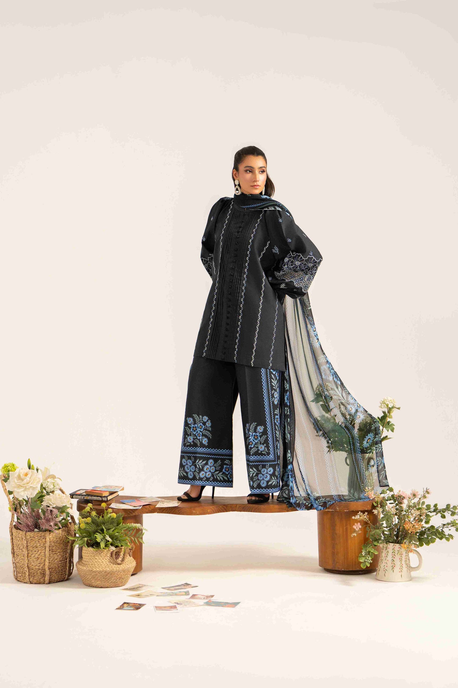 Beautiful embroidered lawn shirt with chiffon digital dupatta and cotton trouser.