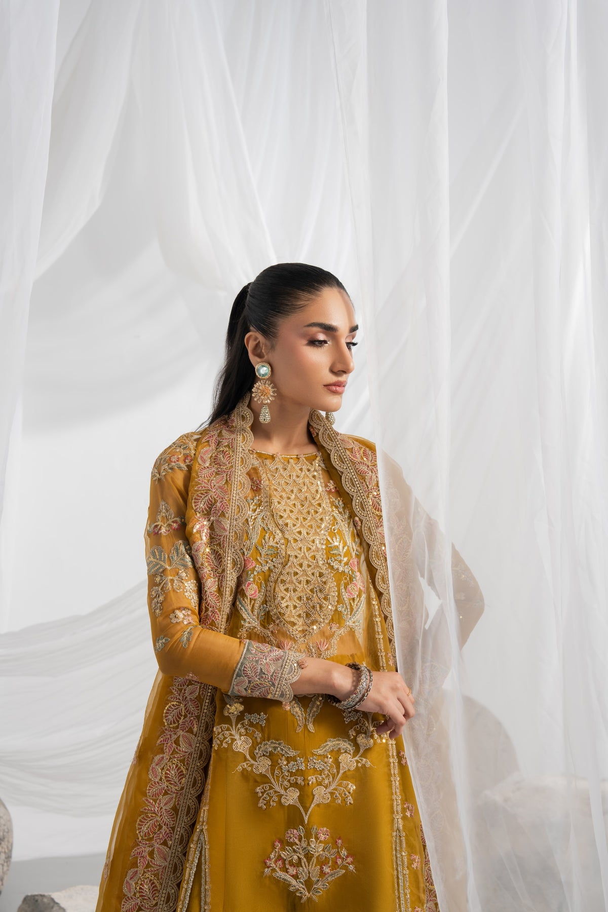 Luxury embroidered organza suit featuring intricate front and back embroidery, detailed sleeves with matching borders, an embroidered back and pallu border, and a flowing organza dupatta with plain raw silk inner and pants