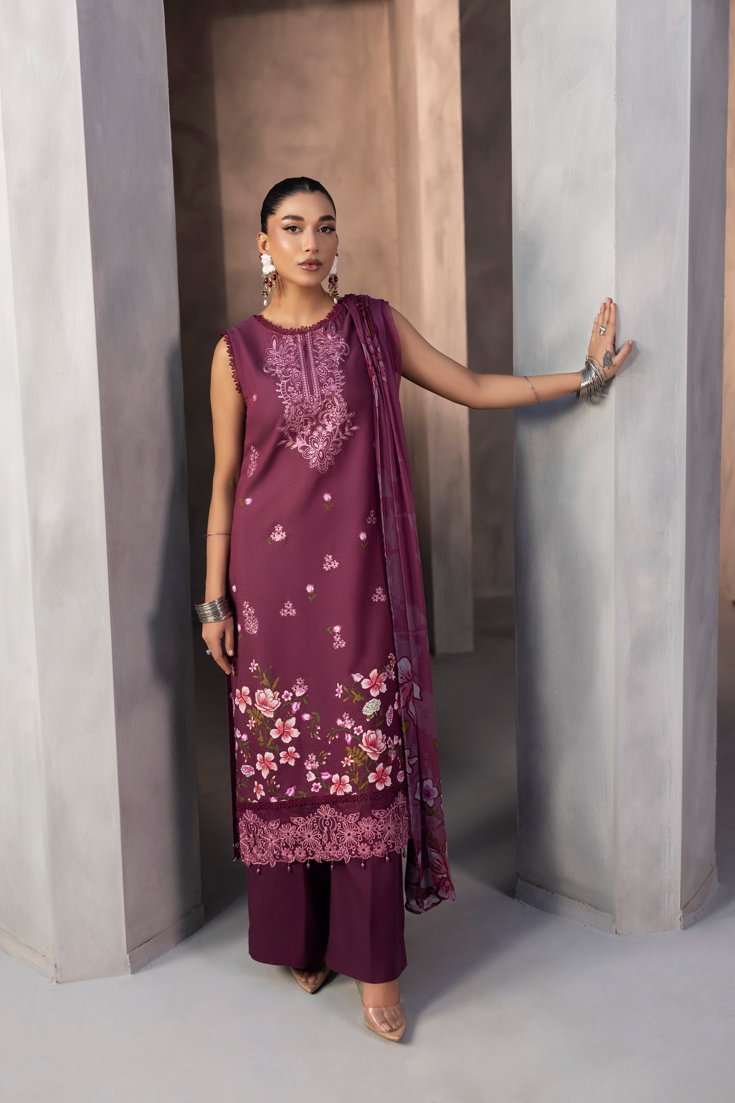 Embroidered Karandi suit with chiffon dupatta and plain trouser for luxury winter wear