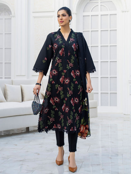 Elegant embroidered lawn suit with chiffon dupatta and soft karandi trouser