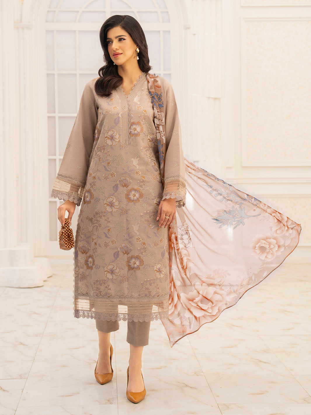 Fancy embroidered lawn outfit featuring chiffon dupatta