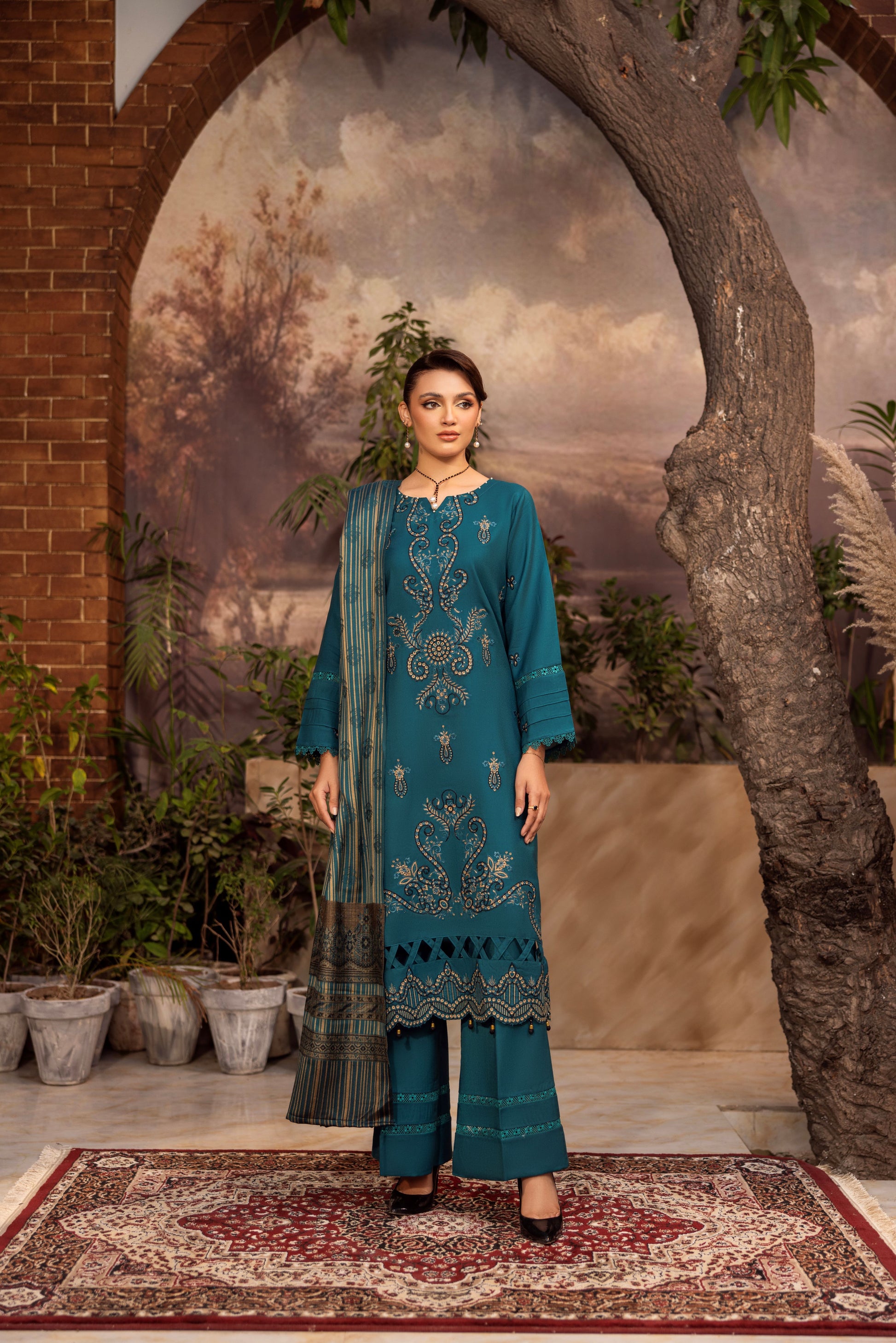 Embroidered winter dress with plain trouser and Jacquard shawl