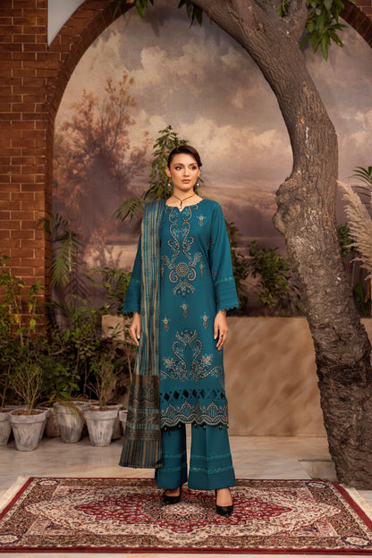 Embroidered winter dress with plain trouser and Jacquard shawl