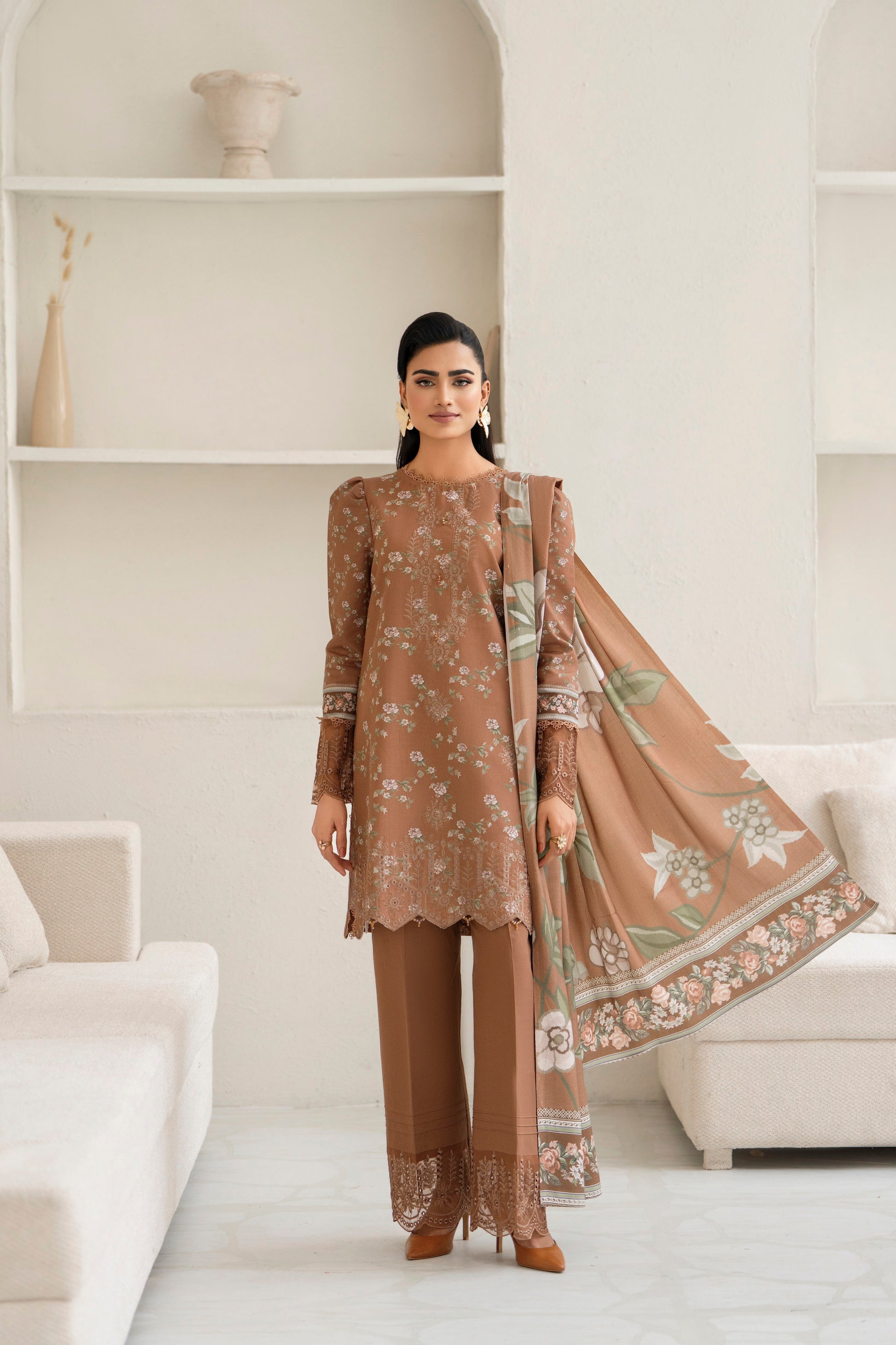Stylish embroidered khaddar 3PC suit with wool shawl
