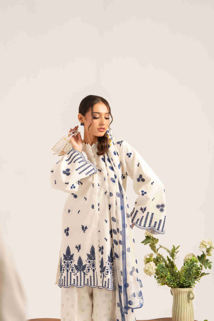 Luxury embroidered lawn shirt paired with chiffon dupatta and plain cotton trouser.