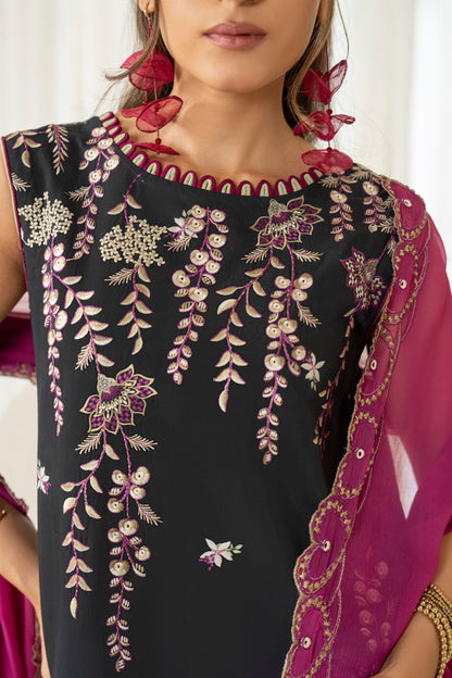 Luxurious embroidered viscose outfit with printed trouser and chiffon dupatta