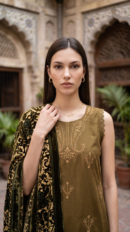 3PC Embroidered Dhanak Suit | DC - 07