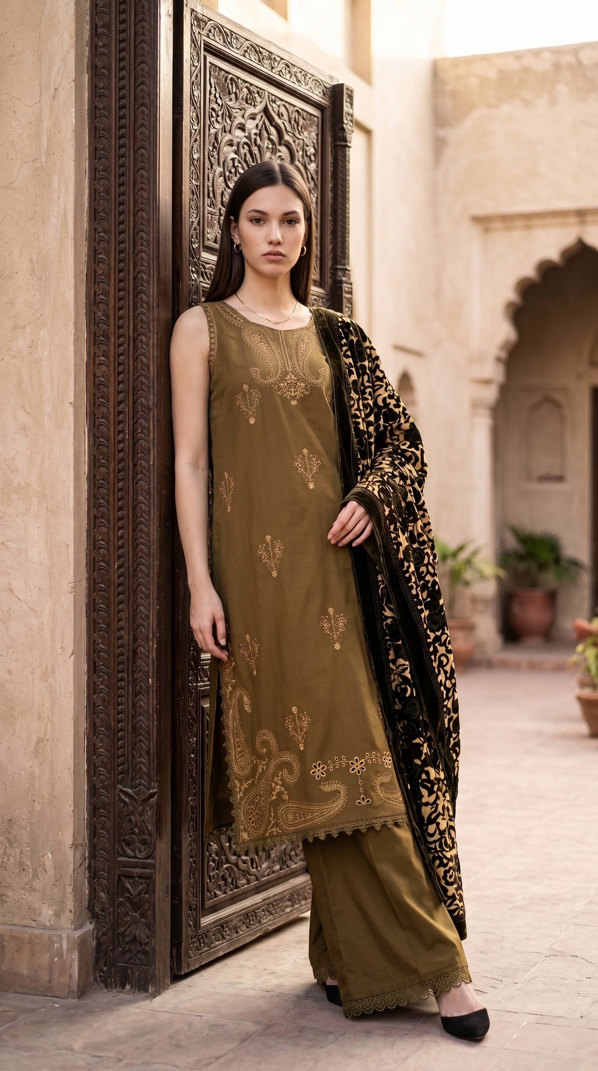 3PC Embroidered Dhanak Suit | DC - 07
