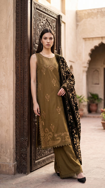 3PC Embroidered Dhanak Suit | DC - 07
