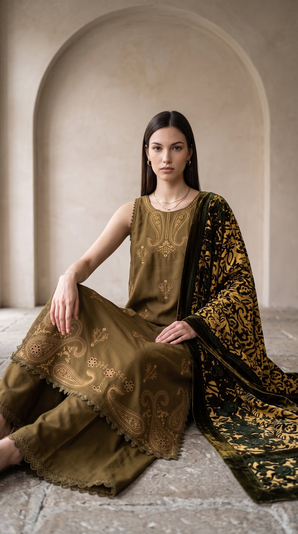 3PC Embroidered Dhanak Suit | DC - 07