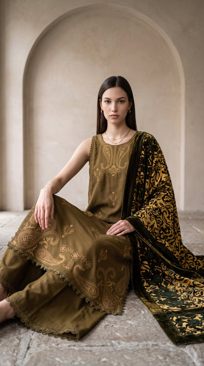 3PC Embroidered Dhanak Suit | DC - 07